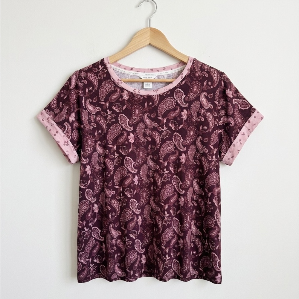 Lucky Brand Dark Floral Paisley Round Neck Short Sleeve Sleep Top Wine And Rose
